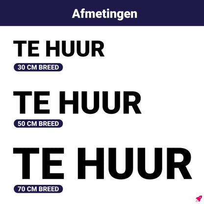 Formaatvergelijking van TE HUUR stickers in 30, 50 en 70 cm